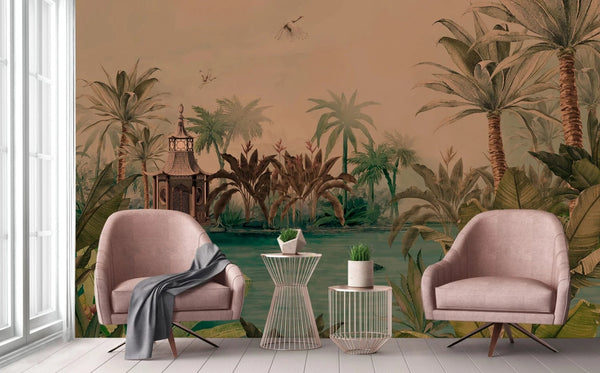 Nature Theme Wall Mural, Palm Trees Lake Scenic Wall Mural, Brown Jungle Scene Large Wall Art, Non - Woven, Non - Adhesive, Removable, Exotic Wall Paper, Washable - Adawall Wallpaper - Registered Trade Accounts Only, Wallpaper Wholesale Account - A318-3 - Adawall Wholesale - Wallpaper Wholesaler