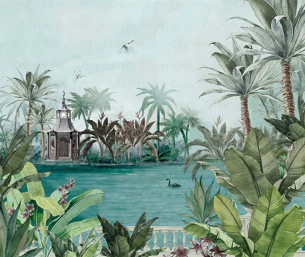 Nature Theme Wall Mural, Palm Trees Lake Scenic Wall Mural, Green Jungle Scene Large Wall Art, Non - Woven, Non - Adhesive, Removable, Exotic Wall Paper, Washable - Adawall Wallpaper - Registered Trade Accounts Only, Wallpaper Wholesale Account - A318-1 - Adawall Wholesale - Wallpaper Wholesaler