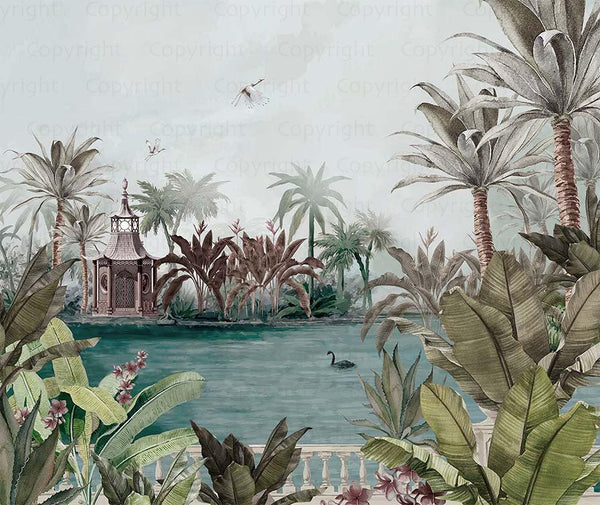 Nature Theme Wall Mural, Palm Trees Lake Scenic Wall Mural, Light Green Jungle Scene Large Wall Art, Non - Woven, Non - Adhesive, Removable, Exotic Wall Paper, Washable - Adawall Wallpaper - Registered Trade Accounts Only, Wallpaper Wholesale Account - A318-2 - Adawall Wholesale - Wallpaper Wholesaler