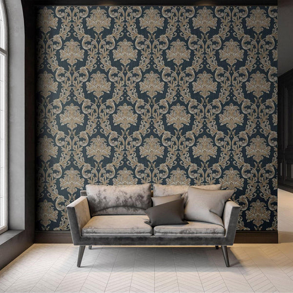 Oriental Damask Deep Embossed Wallpaper, Blue 3D Textured Wallcovering, Traditional, Extra Large 114 sq ft Roll, Stylish Wallpaper, Floral, Blue - Adawall Wallpaper - Registered Trade Accounts Only, Wallpaper Wholesale Account - 6808-5 - Adawall Wholesale - Wallpaper Wholesaler