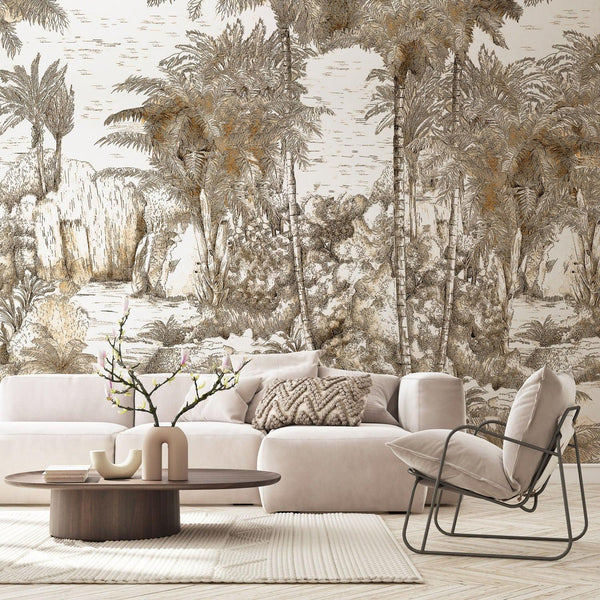 Palm Trees Drawing Wallpaper, Yellow White Large Hand Drawn Wall Mural, Custom Size Wall Covering, Non-Woven, Non-Pasted, Washable, Removable - Walloro High End Wallcoverings & More