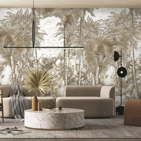 Palm Trees Drawing Wallpaper, Yellow White Large Hand Drawn Wall Mural, Custom Size Wall Covering, Non - Woven, Non - Pasted, Washable, Removable - Adawall Wallpaper - Registered Trade Accounts Only, Wallpaper Wholesale Account - SE301-2 - Adawall Wholesale - Wallpaper Wholesaler