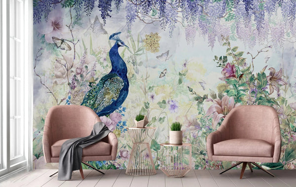 Peacock Forest Wall Mural, Blue Scenic Non - Woven Nature Theme Large Wall Poster, Non - Adhesive Modern Jungle Wall Art - Adawall Wallpaper - Registered Trade Accounts Only, Wallpaper Wholesale Account - A300-3 - Adawall Wholesale - Wallpaper Wholesaler