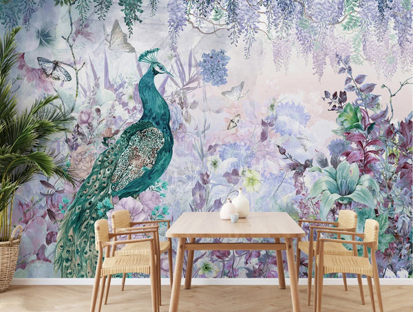 Peacock Forest Wall Mural, Green Scenic Non - Woven Nature Theme Large Wall Poster, Non - Adhesive Modern Jungle Wall Art - Adawall Wallpaper - Registered Trade Accounts Only, Wallpaper Wholesale Account - A300-2 - Adawall Wholesale - Wallpaper Wholesaler