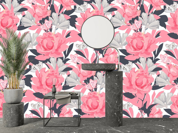 Pink Flowers Wallpaper, Seamless Pattern Mural, Oversized Custom Size Wall Art, Non - Woven, Non - Adhesive, Modern Wall Paper, Removable - Adawall Wallpaper - Registered Trade Accounts Only, Wallpaper Wholesale Account - W78016 - Adawall Wholesale - Wallpaper Wholesaler
