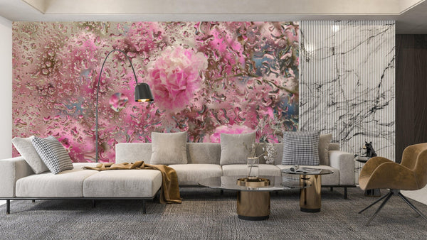 Pink Flowers Wallpaper, Through Glass, Water Drops Mural, Oversized Custom Size Wall Art, Non - Woven, Non - Adhesive, Modern Wall Paper, Removable - Adawall Wallpaper - Registered Trade Accounts Only, Wallpaper Wholesale Account - W78111 - Adawall Wholesale - Wallpaper Wholesaler