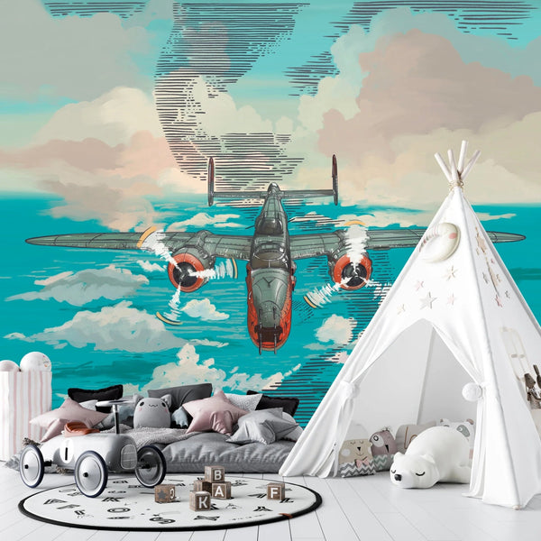 Plane in the Sky Wallpaper, Over the Sea Mural, Oversized Custom Size Wall Art, Non - Woven, Non - Adhesive, Modern Wall Paper, Removable - Adawall Wallpaper - Registered Trade Accounts Only, Wallpaper Wholesale Account - W78143 - Adawall Wholesale - Wallpaper Wholesaler