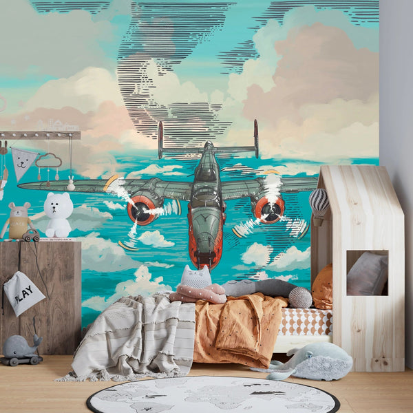 Plane in the Sky Wallpaper, Over the Sea Mural, Oversized Custom Size Wall Art, Non - Woven, Non - Adhesive, Modern Wall Paper, Removable - Adawall Wallpaper - Registered Trade Accounts Only, Wallpaper Wholesale Account - W78143 - Adawall Wholesale - Wallpaper Wholesaler