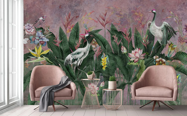 Purple Jungle Birds Wallpaper, Nature Forest Tropical Theme Wall Mural, Extra Large Customizable, Non-Adhesive, Removable Wall Paper, Leaves Flower - Walloro High End Wallcoverings & More