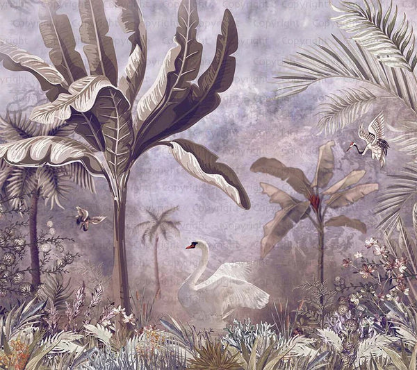 Purple Modern Luxury Tropical Wallpaper, Swan, Non - Woven Custom Wall Mural, Non - Adhesive, Washable, Decorative, Removable, Home Decor Wall Art - Adawall Wallpaper - Registered Trade Accounts Only, Wallpaper Wholesale Account - A302-2 - Adawall Wholesale - Wallpaper Wholesaler