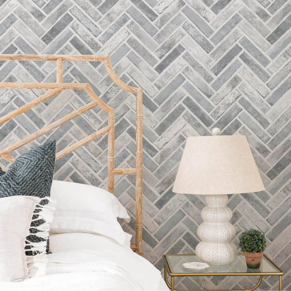 Realistic Embossed Brick Wallpaper, Gray Chevron Pattern Stone Wall Decor, Home Commercial Use Textured Wallcovering - Walloro High End Wallcoverings & More