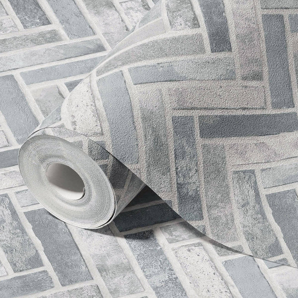 Realistic Embossed Brick Wallpaper, Gray Chevron Pattern Stone Wall Decor, Home Commercial Use Textured Wallcovering - Walloro High End Wallcoverings & More
