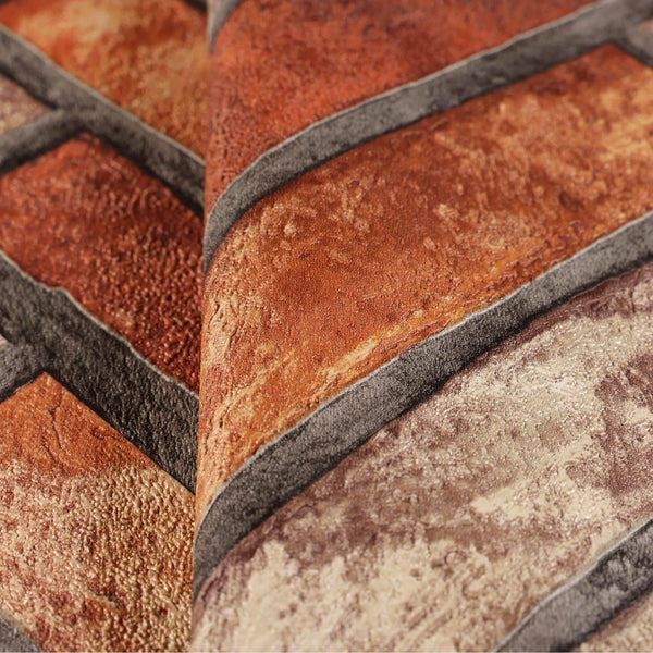 Realistic Embossed Brick Wallpaper, Red, Orange Chevron Pattern Stone Wall Decor, Home Commercial Use Textured Wallcovering - Walloro High End Wallcoverings & More