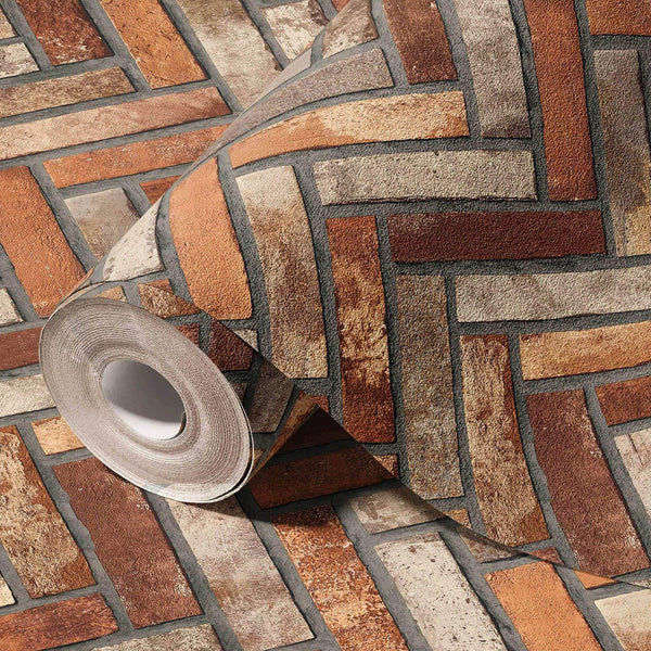 Realistic Embossed Brick Wallpaper, Red, Orange Chevron Pattern Stone Wall Decor, Home Commercial Use Textured Wallcovering - Walloro High End Wallcoverings & More