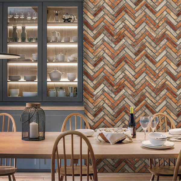 Realistic Embossed Brick Wallpaper, Red, Orange Chevron Pattern Stone Wall Decor, Home Commercial Use Textured Wallcovering - Adawall Wallpaper - Registered Trade Accounts Only, Wallpaper Wholesale Account - 23105-4 - Adawall Wholesale - Wallpaper Wholesaler