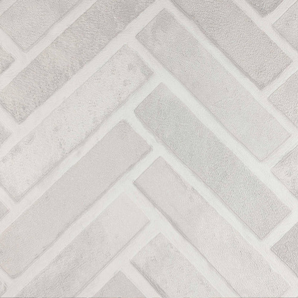 Realistic Embossed Brick Wallpaper, White, Ivory Chevron Pattern Stone Wall Decor, Home Commercial Use Textured Wallcovering - Walloro High End Wallcoverings & More