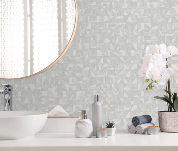 Shimmering Geometric Shapes Wallpaper, Light Gray Deep Embossed Asymmetrical Design Wallcovering - Walloro High End Wallcoverings & More