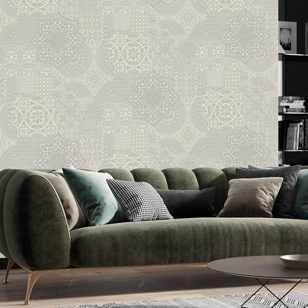 Silver Damask Quilted 3D Embossed wallpaper, Flocked Rich Textured Velvet Feel Luxury Wallcovering - Walloro High End Wallcoverings & More