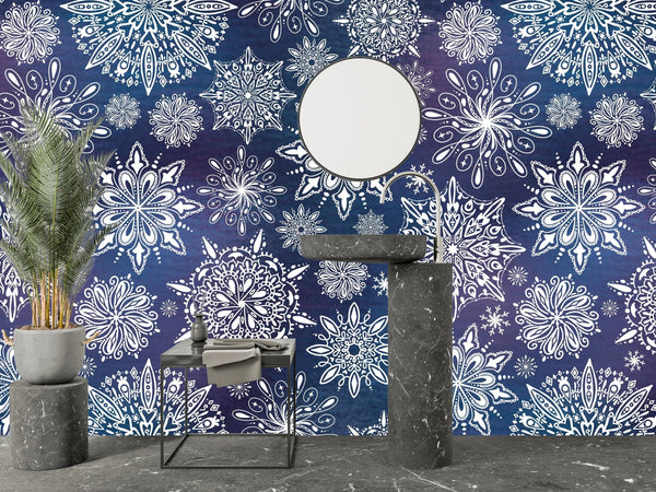 Snowflakes, Dark Blue and Purple Background Wallpaper, Seamless Pattern Mural, Oversized Custom Size Wall Art, Non - Woven, Non - Adhesive, Modern Wall Paper, Removable - Adawall Wallpaper - Registered Trade Accounts Only, Wallpaper Wholesale Account - W78033 - Adawall Wholesale - Wallpaper Wholesaler