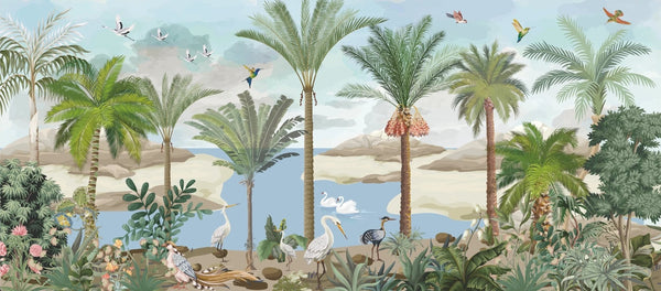 South Asian Subcontinent Wallpaper, Palm Trees, Birds Mural, Oversized Custom Size Wall Art, Non - Woven, Non - Adhesive, Modern Wall Paper, Removable - Adawall Wallpaper - Registered Trade Accounts Only, Wallpaper Wholesale Account - W77585 - Adawall Wholesale - Wallpaper Wholesaler