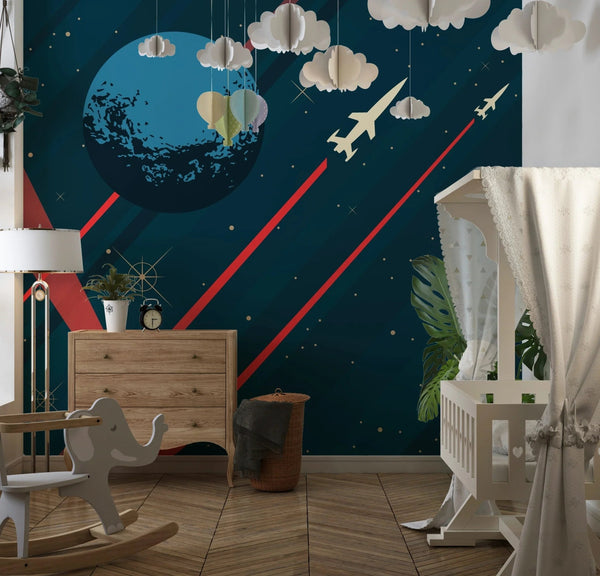 Space Wallpaper, Retro Future Style Mural, Oversized Custom Size Wall Art, Non - Woven, Non - Adhesive, Modern Wall Paper, Removable - Adawall Wallpaper - Registered Trade Accounts Only, Wallpaper Wholesale Account - W77800 - Adawall Wholesale - Wallpaper Wholesaler