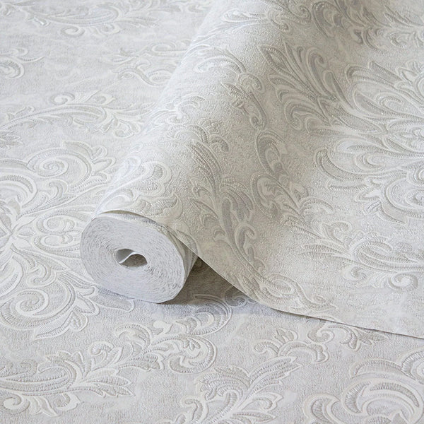 Stylish Baroque Deep Embossed Wallpaper, Light Gray, Timeless Damask Ornate Patterns Sparkling Wallcovering, Elegant Washed Colors Design - Walloro High End Wallcoverings & More