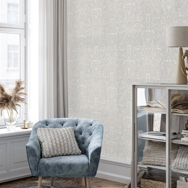 Stylish Baroque Deep Embossed Wallpaper, Light Gray, Timeless Damask Ornate Patterns Sparkling Wallcovering, Elegant Washed Colors Design - Walloro High End Wallcoverings & More