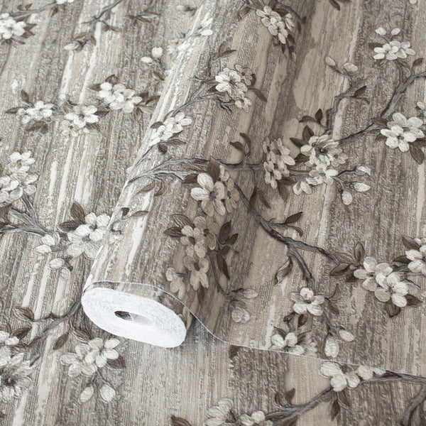 Stylish Floral Wallpaper, Gray, Brown Embossed Flocked Botanical Blossom Pattern, Bloom Design, Trendy Wall Accent Decoration - Adawall Wallpaper - Registered Trade Accounts Only, Wallpaper Wholesale Account - 1505-3 - Adawall Wholesale - Wallpaper Wholesaler