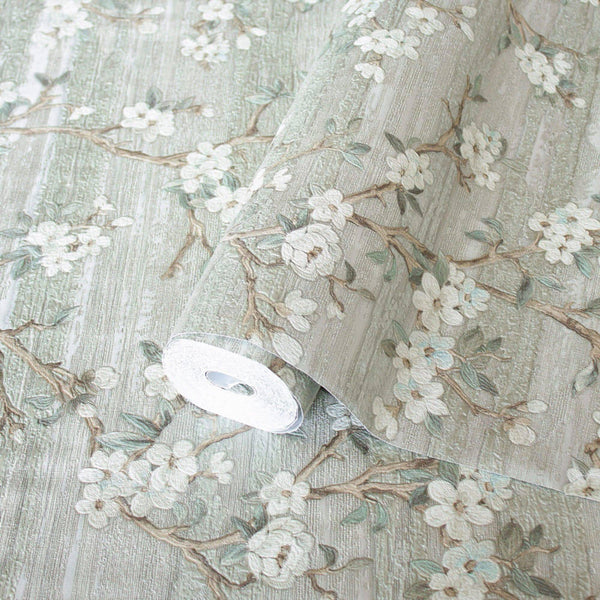 Stylish Floral Wallpaper, Green, White Embossed Flocked Botanical Blossom Pattern, Bloom Design, Trendy Wall Accent Decoration - Adawall Wallpaper - Registered Trade Accounts Only, Wallpaper Wholesale Account - 1505-2 - Adawall Wholesale - Wallpaper Wholesaler