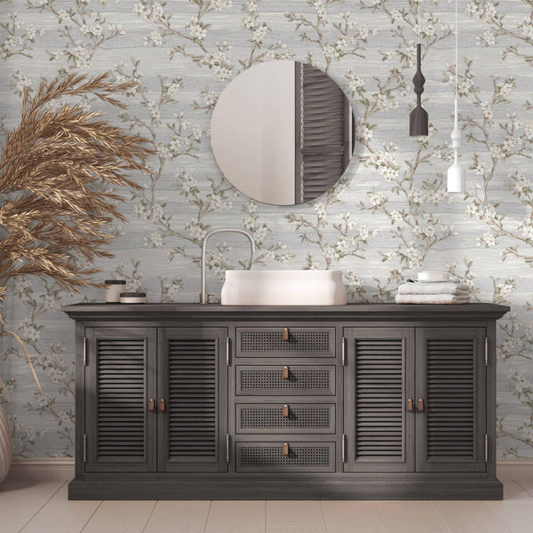 Stylish Floral Wallpaper, White, Silver Embossed Flocked Botanical Blossom Pattern, Bloom Design, Trendy Wall Accent Decoration - Adawall Wallpaper - Registered Trade Accounts Only, Wallpaper Wholesale Account - 1505-1 - Adawall Wholesale - Wallpaper Wholesaler