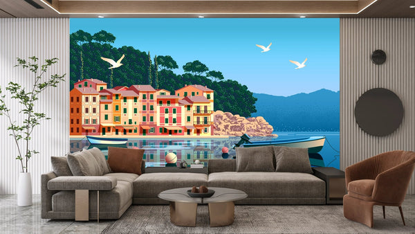 Summer day in Village Wallpaper, Boats, Sea Mural, Oversized Custom Size Wall Art, Non - Woven, Non - Adhesive, Modern Wall Paper, Removable - Adawall Wallpaper - Registered Trade Accounts Only, Wallpaper Wholesale Account - W77769 - Adawall Wholesale - Wallpaper Wholesaler
