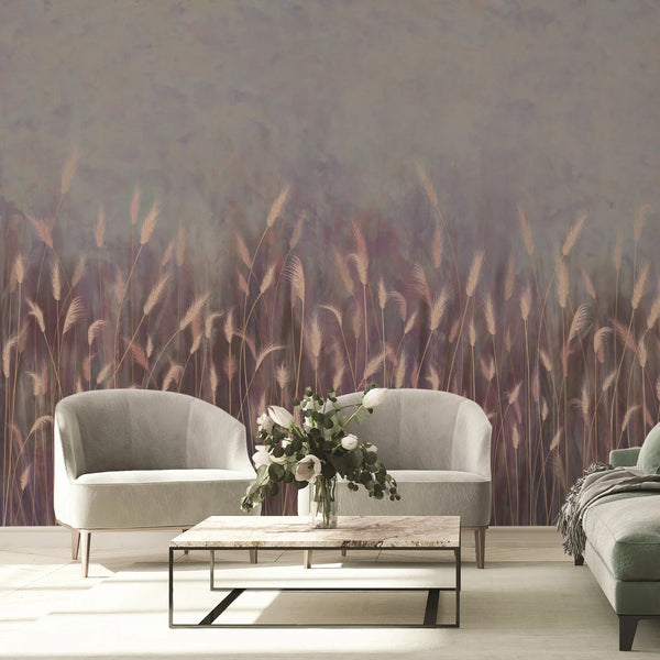 Swaying Wheat Field Wall Mural, Purple Windy Wheat Wallpaper, Large Nature Custom Size Wall Covering, Non-Woven, Non-Pasted, Removable, Washable - Walloro High End Wallcoverings & More