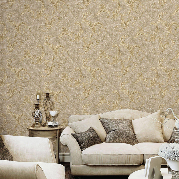Textured Flowered Beige Gold Embossed Wallpaper, Home Wall Decor, Aesthetic Wallpaper, Textured Wallcovering Non-Adhesive- 41.7”W X 393”H - Walloro High End Wallcoverings & More