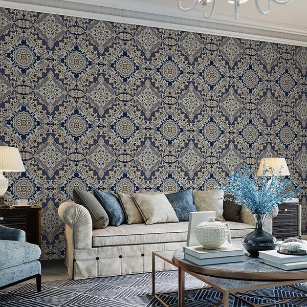 Timeless Design 3D Embossed Damask Wallpaper, Dark Blue, Gold Luxury Velvet Feeling Wallcovering, Large 114 sq ft Roll - Adawall Wallpaper - Registered Trade Accounts Only, Wallpaper Wholesale Account - 1301-5 - Adawall Wholesale - Wallpaper Wholesaler