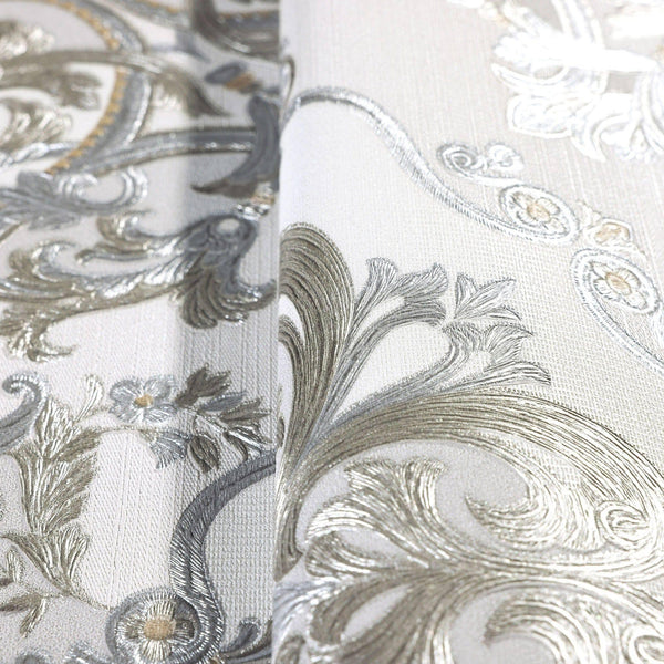 Timeless Design 3D Embossed Damask Wallpaper, Silver, White Luxury Velvet Feeling Wallcovering, Large 114 sq ft Roll - Adawall Wallpaper - Registered Trade Accounts Only, Wallpaper Wholesale Account - 1301-2 - Adawall Wholesale - Wallpaper Wholesaler