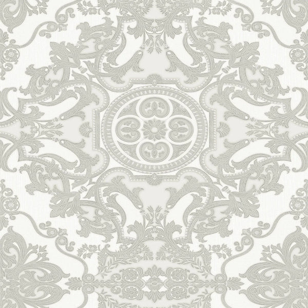 Timeless Design 3D Embossed Damask Wallpaper, White, Silver Luxury Velvet Feeling Wallcovering, Large 114 sq ft Roll - Walloro High End Wallcoverings & More
