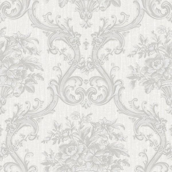Timeless Velvet Feel Damask Embossed Wallpaper, White, Silver 3D Textured, Flocked, Washable, Luxury Wall Decoration - Walloro High End Wallcoverings & More
