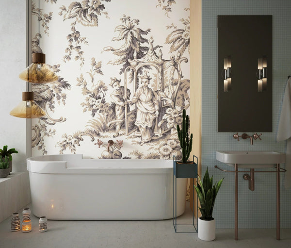Toile de Jouy French Wallpaper, White Background Pattern Mural, Oversized Custom Size Wall Art, Non - Woven, Non - Adhesive, Modern Wall Paper, Removable - Adawall Wallpaper - Registered Trade Accounts Only, Wallpaper Wholesale Account - W77496 - Adawall Wholesale - Wallpaper Wholesaler