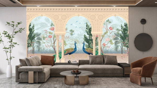 Traditional Mughal Garden Wallpaper, Peacock, Arch Mural, Oversized Custom Size Wall Art, Non - Woven, Non - Adhesive, Modern Wall Paper, Removable - Adawall Wallpaper - Registered Trade Accounts Only, Wallpaper Wholesale Account - W77713 - Adawall Wholesale - Wallpaper Wholesaler