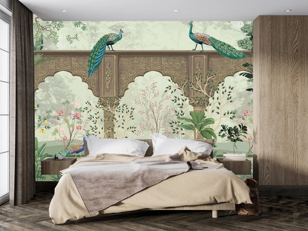 Traditional Mughal Garden Wallpaper, Peacock, Brown Arch Mural, Oversized Custom Size Wall Art, Non - Woven, Non - Adhesive, Modern Wall Paper, Removable - Adawall Wallpaper - Registered Trade Accounts Only, Wallpaper Wholesale Account - W77719 - Adawall Wholesale - Wallpaper Wholesaler