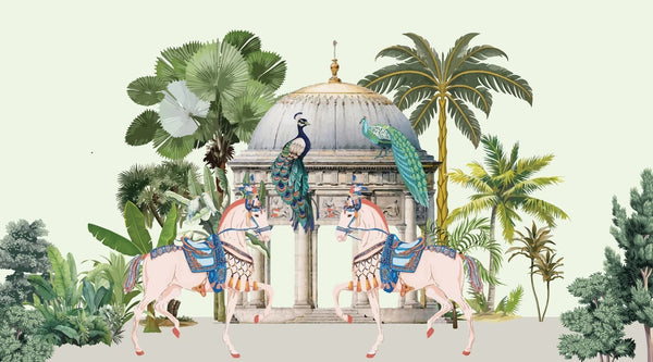 Traditional Mughal Garden Wallpaper, Peacock, Horses Mural, Oversized Custom Size Wall Art, Non - Woven, Non - Adhesive, Modern Wall Paper, Removable - Adawall Wallpaper - Registered Trade Accounts Only, Wallpaper Wholesale Account - W77720 - Adawall Wholesale - Wallpaper Wholesaler