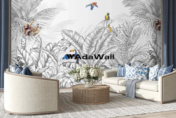 Tropical Animals Wallpaper, Black and White Drawing Wall Mural, Custom Size Wall Covering, Non - Woven, Non - Pasted, Removable, Art - Adawall Wallpaper - Registered Trade Accounts Only, Wallpaper Wholesale Account - FJ307-1 - Adawall Wholesale - Wallpaper Wholesaler