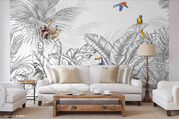 Tropical Animals Wallpaper, Black and White Drawing Wall Mural, Custom Size Wall Covering, Non - Woven, Non - Pasted, Removable, Art - Adawall Wallpaper - Registered Trade Accounts Only, Wallpaper Wholesale Account - FJ307-1 - Adawall Wholesale - Wallpaper Wholesaler