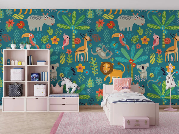 Tropical Animals Wallpaper, Green Background Mural, Oversized Custom Size Wall Art, Non - Woven, Non - Adhesive, Modern Wall Paper, Removable - Adawall Wallpaper - Registered Trade Accounts Only, Wallpaper Wholesale Account - W77542 - Adawall Wholesale - Wallpaper Wholesaler