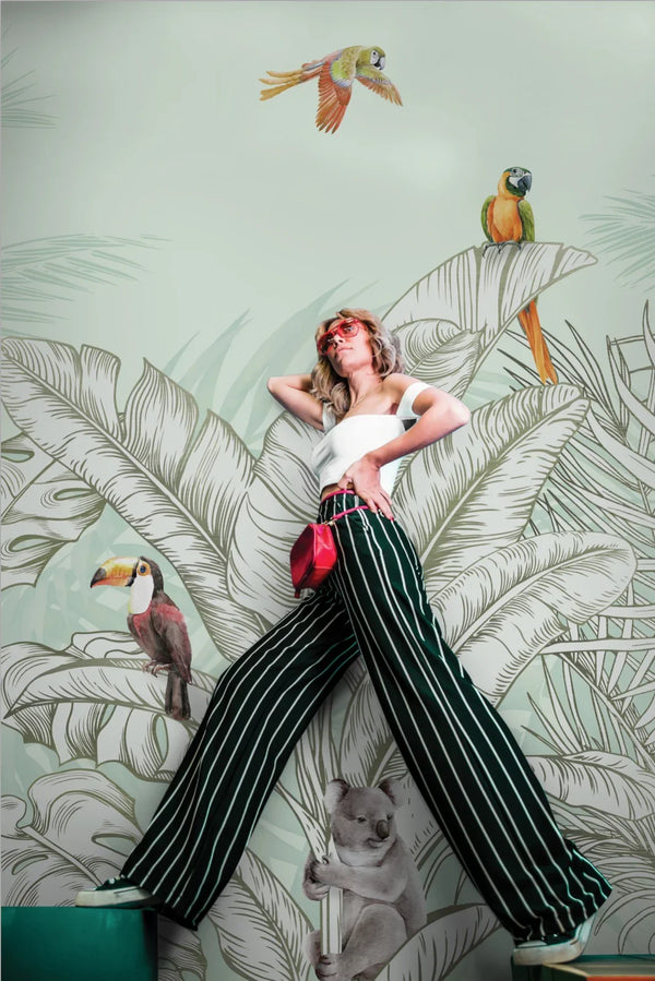 Tropical Animals Wallpaper, Green Drawing Wall Mural, Custom Size Wall Covering, Non-Woven, Non-Pasted, Removable, Art - Walloro High End Wallcoverings & More
