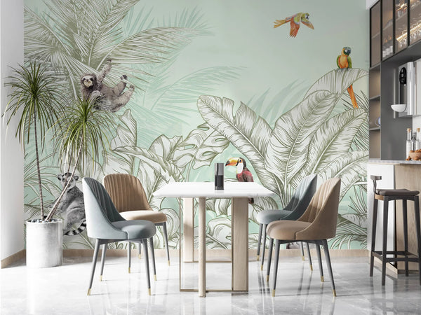 Tropical Animals Wallpaper, Green Drawing Wall Mural, Custom Size Wall Covering, Non-Woven, Non-Pasted, Removable, Art - Walloro High End Wallcoverings & More
