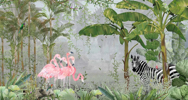 Tropical Forest Wall Mural, Flamingos, Zebra, Animals Wallpaper, Custom Size, Green Oversized Print, Wall Art, Nature Theme, Jungle, Removable - Adawall Wallpaper - Registered Trade Accounts Only, Wallpaper Wholesale Account - A313-2 - Adawall Wholesale - Wallpaper Wholesaler