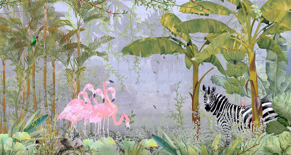 Tropical Forest Wall Mural, Flamingos, Zebra, Animals Wallpaper, Custom Size, Light Green Oversized Print, Wall Art, Nature Theme, Jungle, Removable - Adawall Wallpaper - Registered Trade Accounts Only, Wallpaper Wholesale Account - A313-1 - Adawall Wholesale - Wallpaper Wholesaler