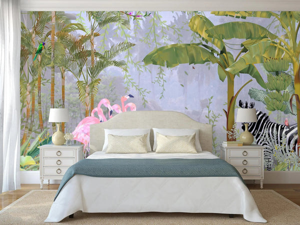 Tropical Forest Wall Mural, Flamingos, Zebra, Animals Wallpaper, Custom Size, Light Green Oversized Print, Wall Art, Nature Theme, Jungle, Removable - Adawall Wallpaper - Registered Trade Accounts Only, Wallpaper Wholesale Account - A313-1 - Adawall Wholesale - Wallpaper Wholesaler