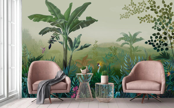 Tropical Theme Wall Mural, Green Nature Birds Palm Tree Leaves Wallpaper, Customized Wall Art, Large Store Shop Wall Paper, Jungle, Forest Theme - Adawall Wallpaper - Registered Trade Accounts Only, Wallpaper Wholesale Account - A320-1 - Adawall Wholesale - Wallpaper Wholesaler